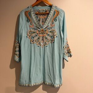 Soft Surroundings Aqua Blue Tunic Top Swimsuit Coverup Embroidery Boho Medium
